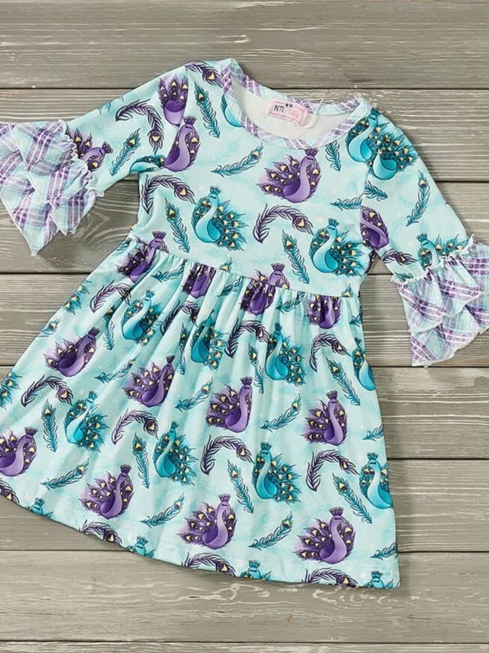 Girls Aqua & Purple Peacock Print Casual Dress with Ruffle Sleeves